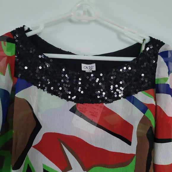 NWT Cache Sz M Sequin Geometric Printed Chiffon Silk Dress With Black Slip - Picture 3 of 10